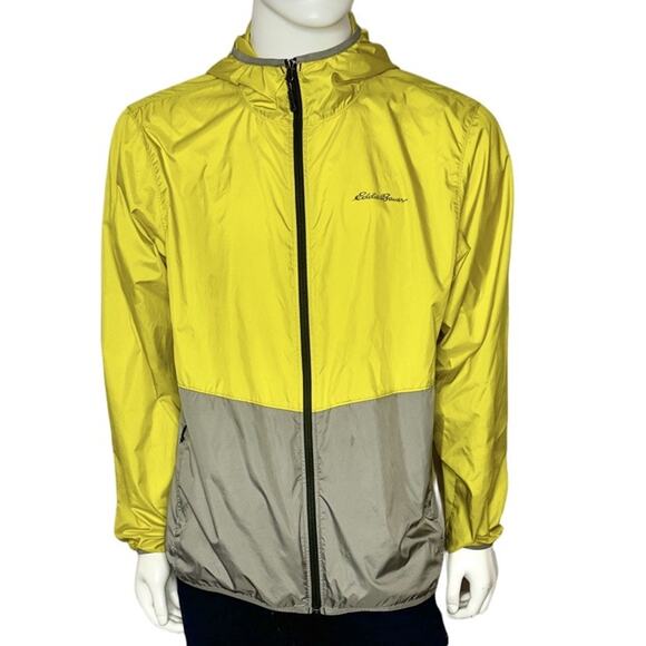 Eddie Bauer Yellow Gray Full Zip Hooded Windbreaker Jacket Mens Large D1751448 - Picture 1 of 7